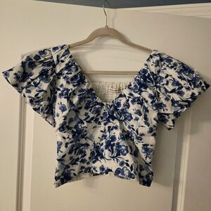 Abercrombie & Fitch White Crop Top with Blue Floral Pattern and Puff Sleeves